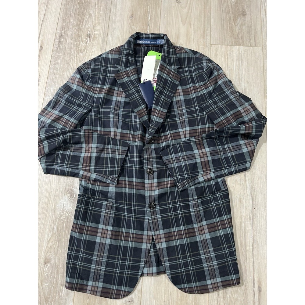 POLO RALPH LAUREN Plaid Cotton Blazer In Blue/burgundy Size 40R Sport Coat